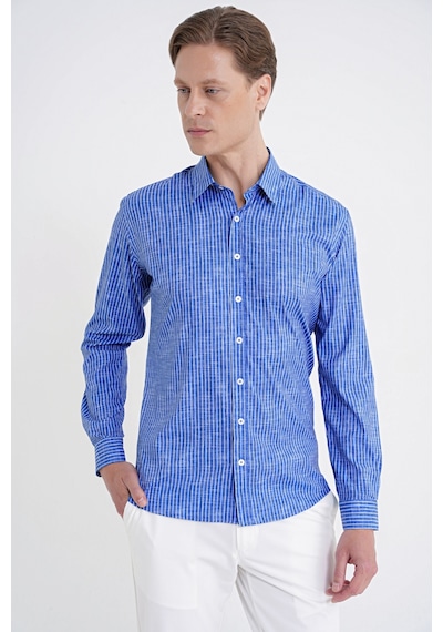 Slim Fit Klapa Yaka Esnek Pamuklu Koyu Mavi Çizgili Gömlek G 1599