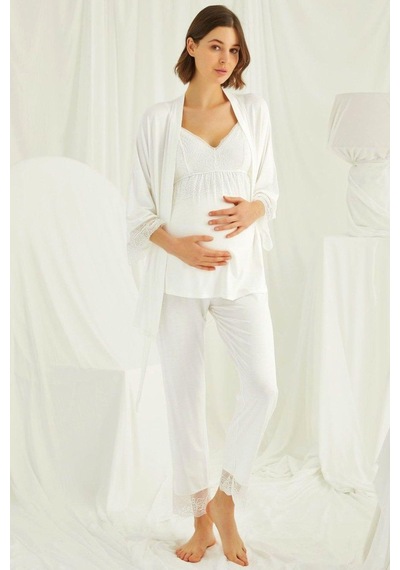 Monamise 18433489 Kadın Ekru Hamile Lohusa Seti Sabahlık Gecelik Pijama Takım