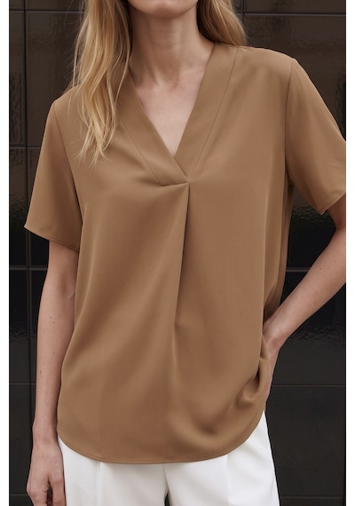 Sateen Geniş Kısa Kollu Bluz - Camel-137796