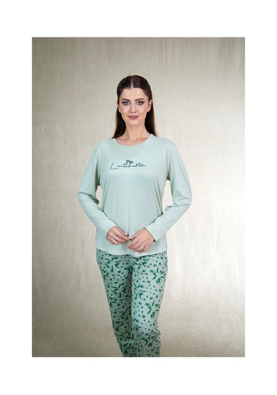 Estiva Kadın Flora Alt Desenli Soft Uzun Kollu Pijama Takımı Yeşil