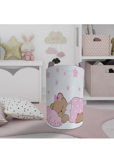 Mekta Home Bebek Ve Çocuk Odası Uyuyan Sevimli Ayı Desenli Pembe Oyuncak Sepeti Renkli Çok Renkli