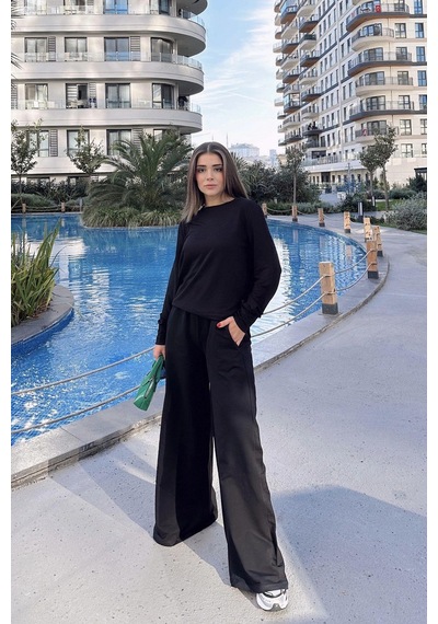 Kadın Siyah Yuvarlak Yaka Sweatshirt & Bol Paça Beli Lastikli Pantolon - Rahat Alt & Üst Takım Siyah