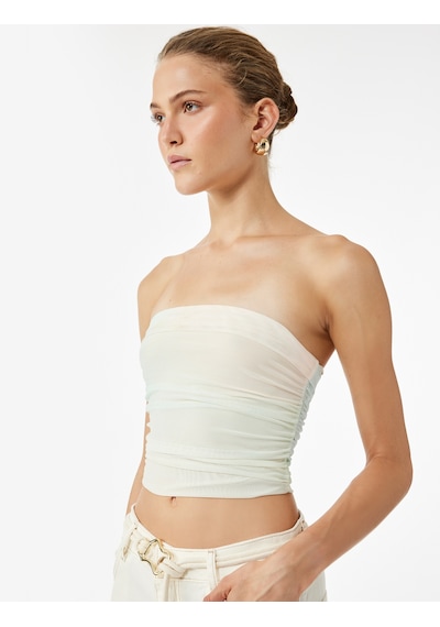 Koton Slim Fit Drape Detaylı Crop Straplez Bluz Turuncu Desenli 5sak10776ek