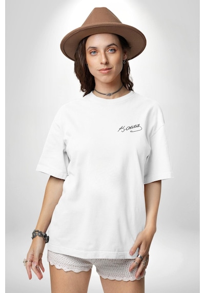 Atatürk 10 Kasım Anma Beyaz Oversize Unisex Ön Ve Sırt Baskılı Tişört Beyaz