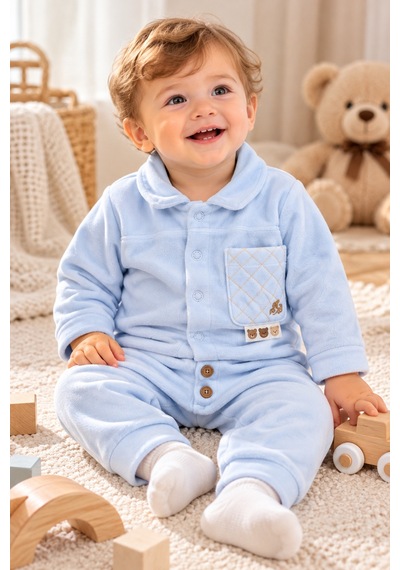 Uğur Bebe Kadife Erkek Bebek Önden Çıtçıtlı Mavi 2 Li Bebek Takımı Mavi Mavi