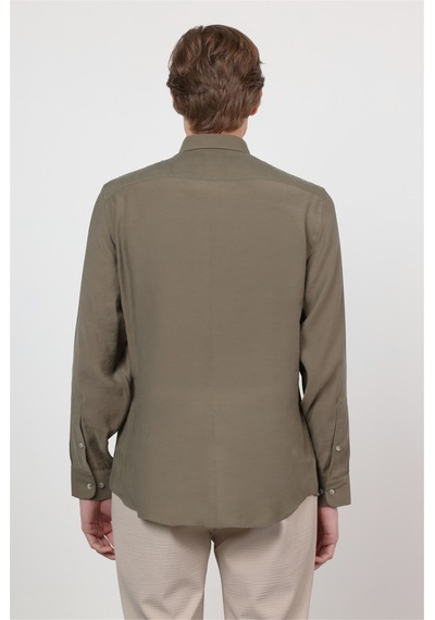 İmza Haki Düğmeli Yaka Uzun Kol Cepsiz Slim Fit Modal Gömlek 1004260162