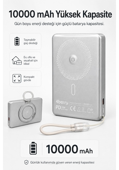 Ym307 10000 Mah Manyetik Kablosuz Powerbank 25w Pd Hızlı Şarj, 15w Kablosuz Şarj Ve 360 Döner Stand Gri