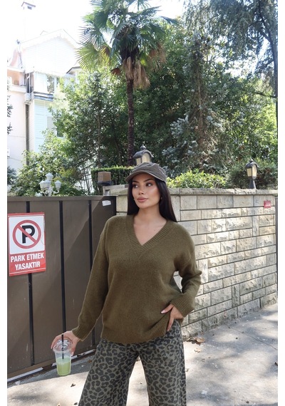 Kechi Woman V Yaka Oversize Triko Kazak Yeşil