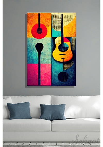 Duvar Tablosu Modern Dikey Kanvas Tekli Salon Mutfak Yatak Odası Ofis Müzik Renkli Gitar Nota
