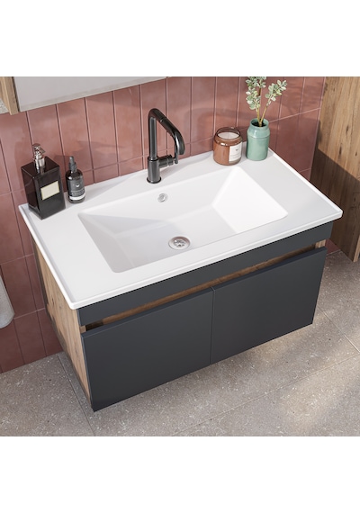 '' Lavabolu '' Mat Mdf 80 Cm Banyo Alt Dolabı Atlantik Çam - Antrasit