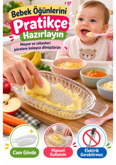Cam Rende Bebek Meyve Püresi Rendesi Cam Elma Sebze Rendesi Manuel Pratik Mutfak Rendesi 20 Cm Tekli Şeffaf