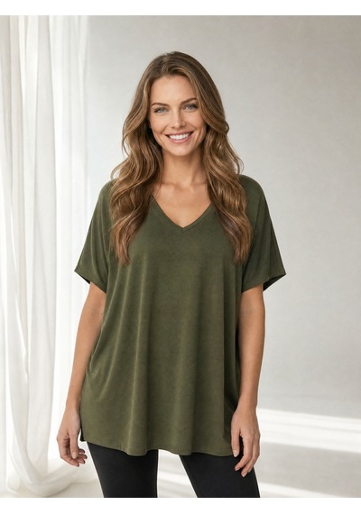 Nealirsanall.com Kadın V Yaka Düşük Omuz Salaş / Oversize Penye Tunik T-shirt Haki Yeşil