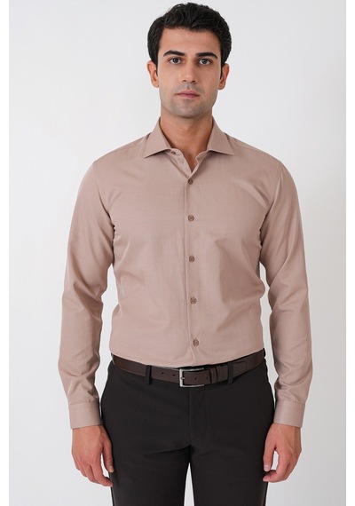 Slim Fit Pamuk Saten Klasik Bej Gömlek Gk 604