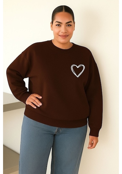 Benroma 3 İplik Penye Kalp Baskılı Unisex Sweatshırt Kahverengi