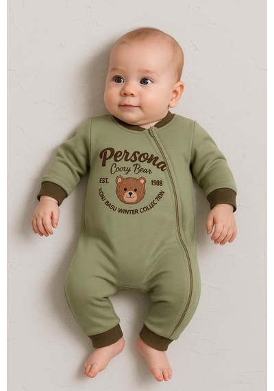 Pekminibebe Persona Bear Nakışlı % 100 Pamuk Erkek Bebek Tulum Yeşil