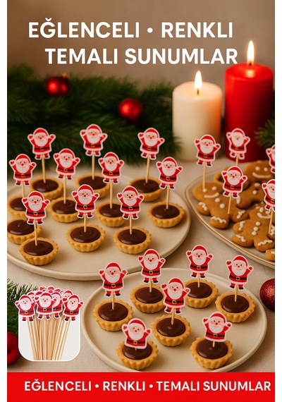 50 Li Noel Baba Figürlü 12 Cm Bambu Kürdan Yılbaşı Sunum Ve Parti Süsleme Seti