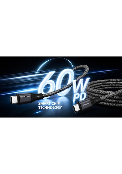 Type C-c, 2metre Örgülü 60watt Pd Hızlı Şarj Kablosu, Wahoo 1ad X 2metre Füme