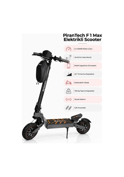 F1 Max Elektrikli Scooter 2000W Turuncu | Mobil Uygulama | Çift Amortisör | Uzun Menzil