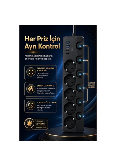 5'li Akım Korumalı Usb Çoklu Priz 2 Usb-a 2 Type-c Pd 20w Hızlı Şarj Anahtarlı Grup Priz 3680w 2 Metre 0 - 2 M