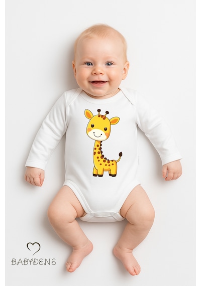 Babyden's Sevimli Hayvan Figürlü %100 Pamuk Uzun Kollu Çıtçıtlı Bebek Body Zürafa Beyaz