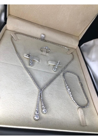 Kadın Gümüş Set - Çağ Zirconia Taşlı Su Yolu Set • Işıklı Kutuda • Düğün • Nişan • Gelin Seti