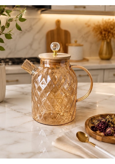 Qerhome Ateşe Dayanıklı Borosilikat Cam Demlik 1800 Ml Bambu Kapaklı Amber Cam Sürahili Çaydanlık Dh-43