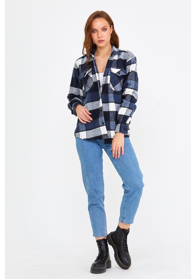 Cool Tarz Mavi Kadın Slim Fit Düğmeli Yaka Çift Cepli Oduncu Ekose Gömlek Mavi Mavi