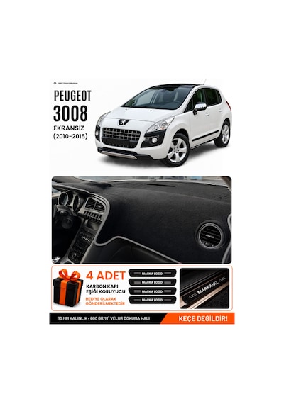 Peugeot 3008 Ekransız 2010-2015 Uyumlu Torpido Örtüsü, Torpido Kılıfı - Siyah Gri