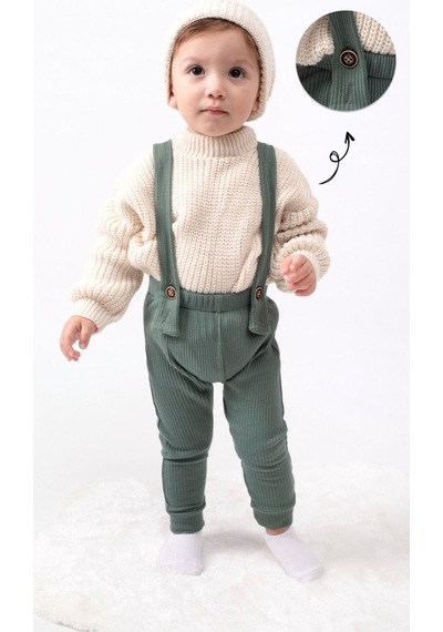 Bebicix Triko Kazak Oversize Esnek Salopet Bereli Unisex Bebek Takım Yesil