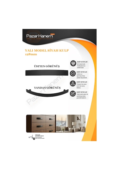 Yalı Model Siyah Mobilya Kulpu 128 Mm 2 Adet - Mutfak Dolap & Çekmece Kulpu Vidaları Dahil