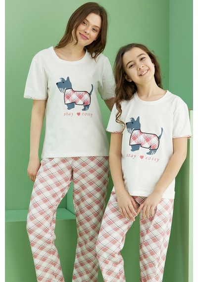 Siyah İnci Pamuklu Bisiklet Yaka Örme Pijama Takım25117086 Ekru