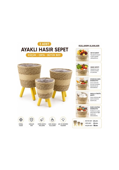 Alvetro Alv-01 Ayaklı Hasır Ve Ahşap Sepet 18-22-24cm 3 Adet Mix Desen - 6'li Paket