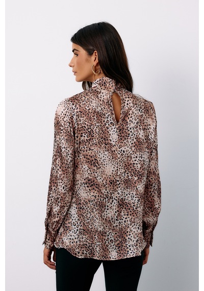 Sateen Detaylı Yaka Leopar Desenli Bluz - Bej-135129 BEJ