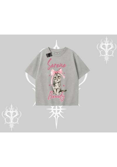 Startmore Startmore Serene Beauty Kedi Baskılı Oversize Tshirt Gri