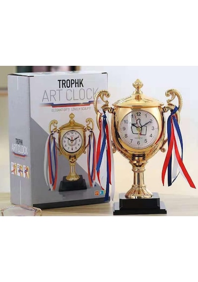 Dekoratif Hediyelik Ödül Kupası Masa Saati Çalar Saat 21cm Gold