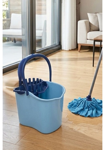 Flora 2 Li Temizlik Seti Mavi, Sıkmalı Temizlik Yer Silme Kovası + Süper Emici Mikrofiber Jumbo Mop