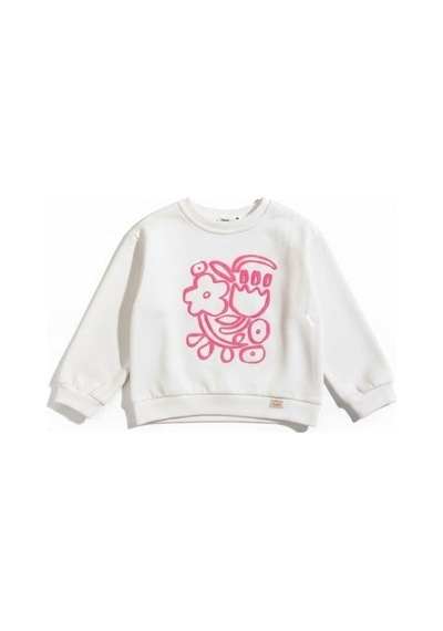Kız Çocuk Pamuklu Çiçek Desenli Sweatshirt-16337 Ekru