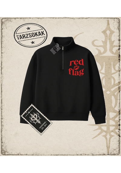 Tarzsokak Gotik & Grunge Streetwear Red Lıps Flag Yarım Fermuarlı Sweatshirt Siyah