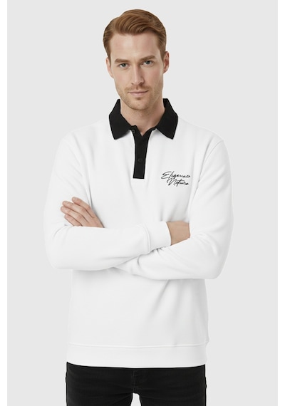Rizzup Erkek Beyaz Relax Fit İçi Polarlı Polo Yaka Sweatshirt Pamuklu Kalın Sweatshirt 2600762