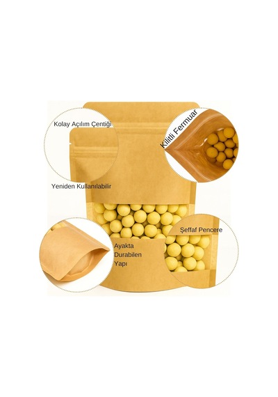 Kraft Pencereli Doypack Kilitli Stand Up Pouch, Gıda Uyumlu, Yeniden Kapanabilir Zipli 100, 16x27 Çok Renkli