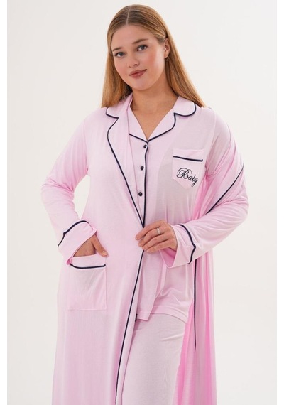 Mecit Pijama Mecit 6333 Pembe Kadın Sabahlıklı Boydan Düğmeli Pijama Takımı Pembe