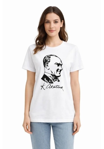 Suma Atatürk Baskılı Beyaz Kısa Kollu Bisiklet Yaka Tişört
