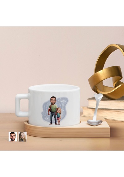 Bk Gift Kişiye Özel Baba Kız Karikatürlü-20, Ahşap Altlıklı Seramik Fincan, Babaya Hediye, Arkadaşa Hediye