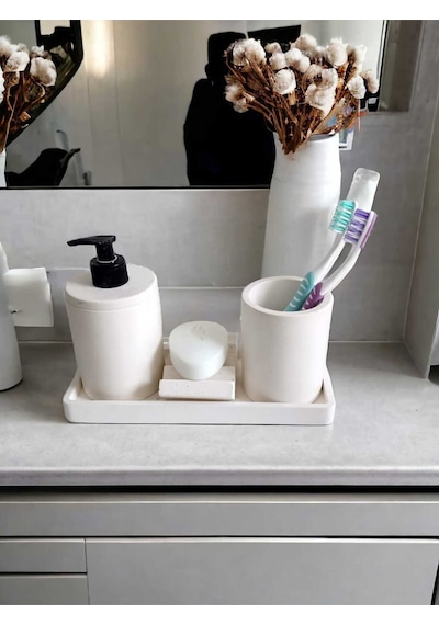 4'lü Kırık Beyaz Banyo Seti , Sıvı Sabunluk Diş Fırçalığı Beton Aksesuar Takım Beyaz