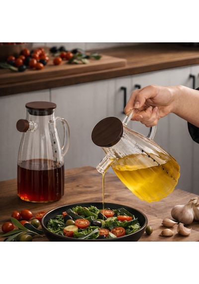 Porsima Lm-0053 Alvera Kapaklı Borosilikat Cam 2li Yağlık Sirkelik Yağdanlık Seti 1000ml Şeffaf