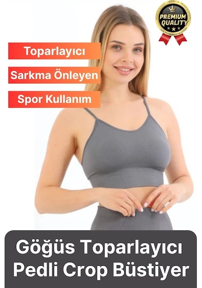 Svein Göğüs Toparlayıcı Sarkma Önleyen Gündelik Spor Kullanım İnce İp Askılı Pedli Çizgili Crop Büstiyer Gri