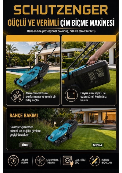 1900v Elektrikli Çim Ot Biçme Makinesi 30lt Tomlama Torbalı Mavi 12/a Turbo Motor Alman