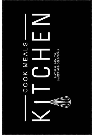 Siyah Kaymaz Tabanlı Kitchen Yazılı Mutfak Halısı Ar019n11