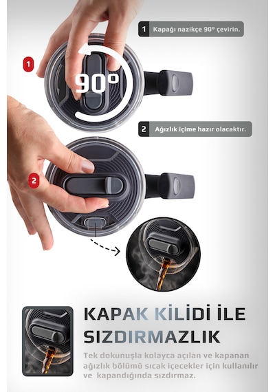 Fika Lumi Patentli Döner Kulplu Sızdırmaz Çift Ağızlıklı Çelik Termos 950 Ml Antrasit