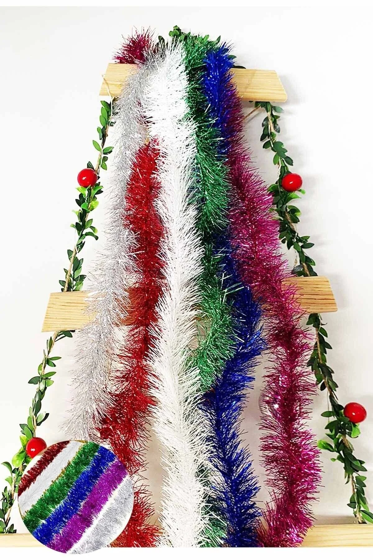 6lı Yılbaşı Çam Ağacı Süsü Gümüş, Kırmızı, Fuşya, Beyaz, Mavi, Yeşil Ağaç Tinsel Garland 2mtx5cm Sim 0